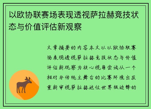 以欧协联赛场表现透视萨拉赫竞技状态与价值评估新观察