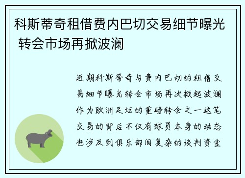 科斯蒂奇租借费内巴切交易细节曝光 转会市场再掀波澜 科斯蒂奇租借费内巴切交易细节曝光 转会市场再掀波澜
